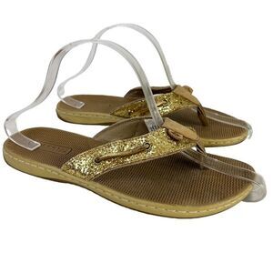SPERRY TOP SIDER Glitter Gold Thongs Flip Flops Sandals Flats Slides Shoes sz 7